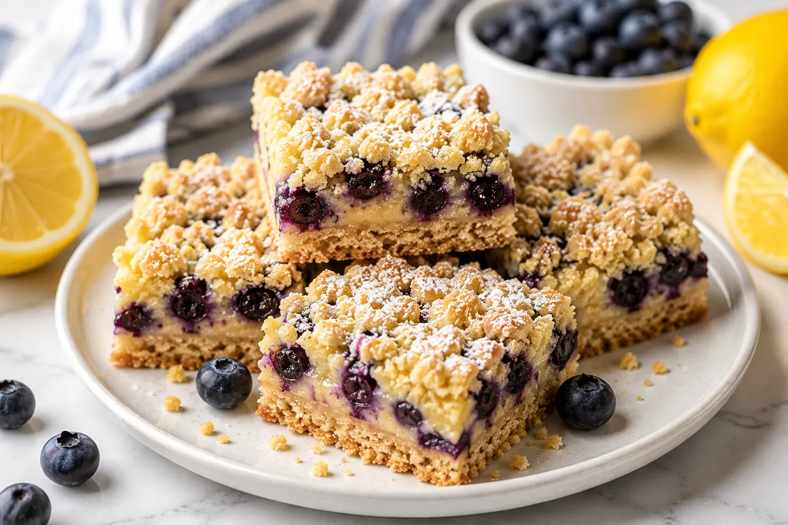 Blueberry crumble bars dusted with icing sugar on a white plate, with fresh lemons and blueberries alongside