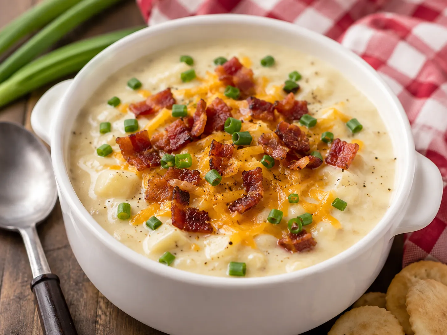 A bowl of creamy potato soup topped with crumbled bacon, cheddar and sliced green onions