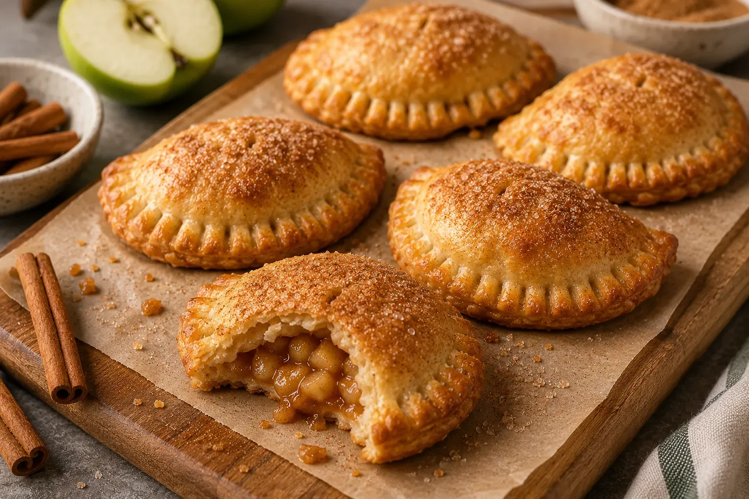 Golden crimped apple hand pies on parchment, one broken open to show the cinnamon apple filling