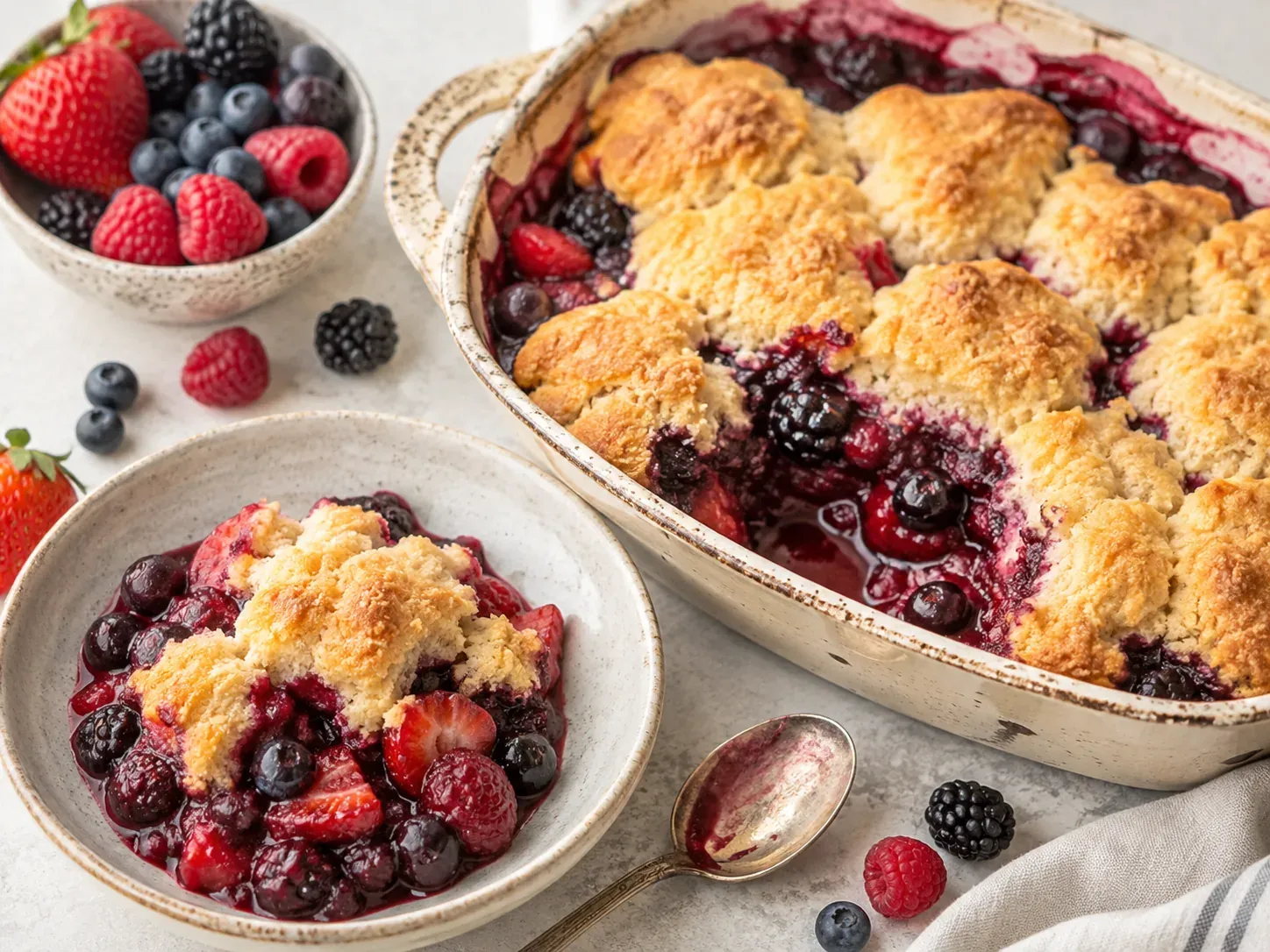 A baking dish of mixed berry cobbler with golden biscuit topping, with a served bowl and fresh berries alongside