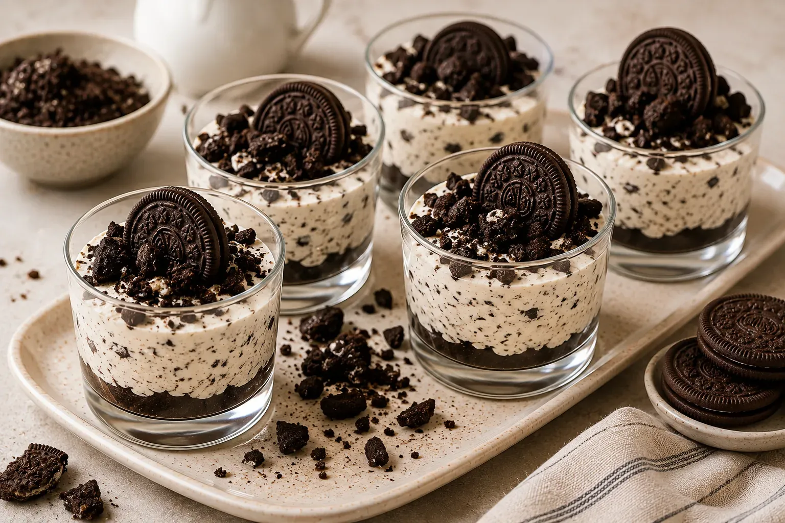 Glass cups of no-bake cheesecake speckled with chocolate cookie pieces, topped with a whole cookie
