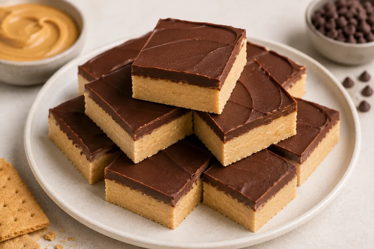 Stacked peanut butter bars with a smooth dark chocolate topping