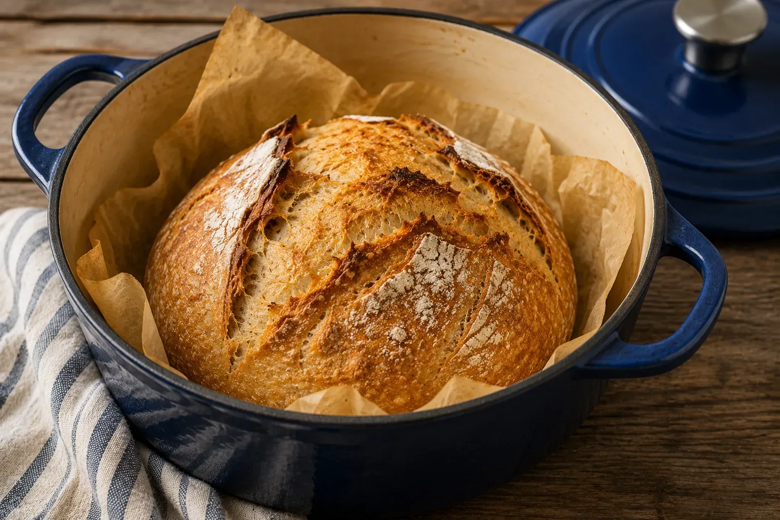 A crusty round loaf with a floured, slashed top sitting in a blue Dutch oven lined with parchment
