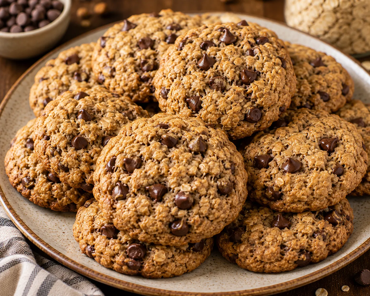 A plate piled with chewy oatmeal chocolate chip cookies