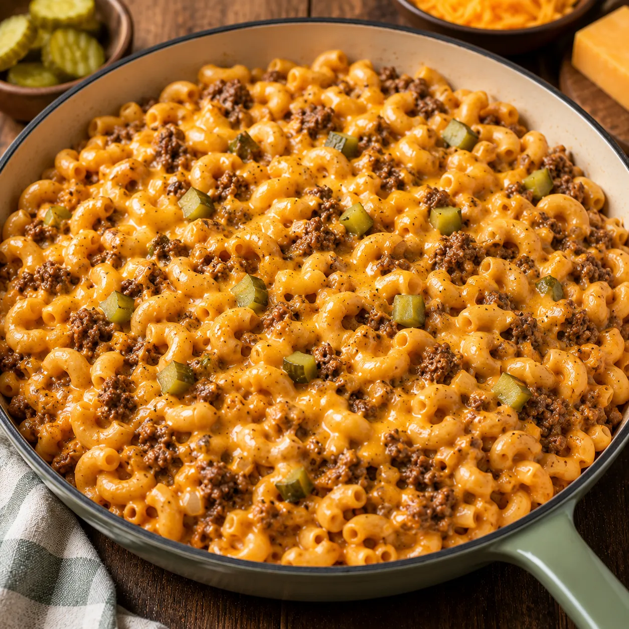 A skillet of cheesy macaroni with ground beef and diced pickles