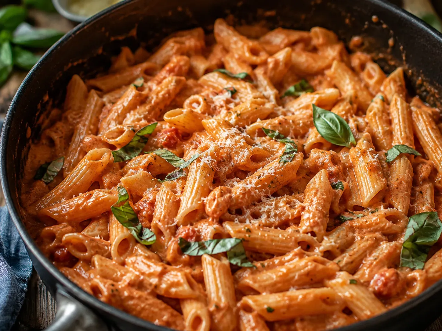 A skillet of gluten-free penne in a creamy tomato sauce topped with grated parmesan and fresh basil