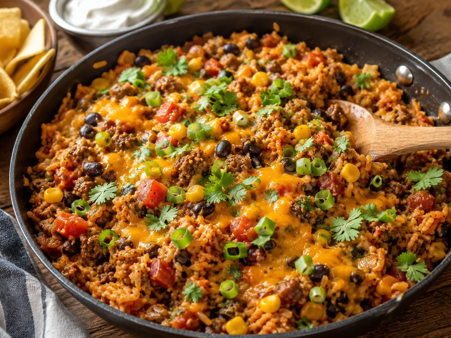 A skillet of taco rice with ground beef, corn, tomatoes, melted cheddar and cilantro