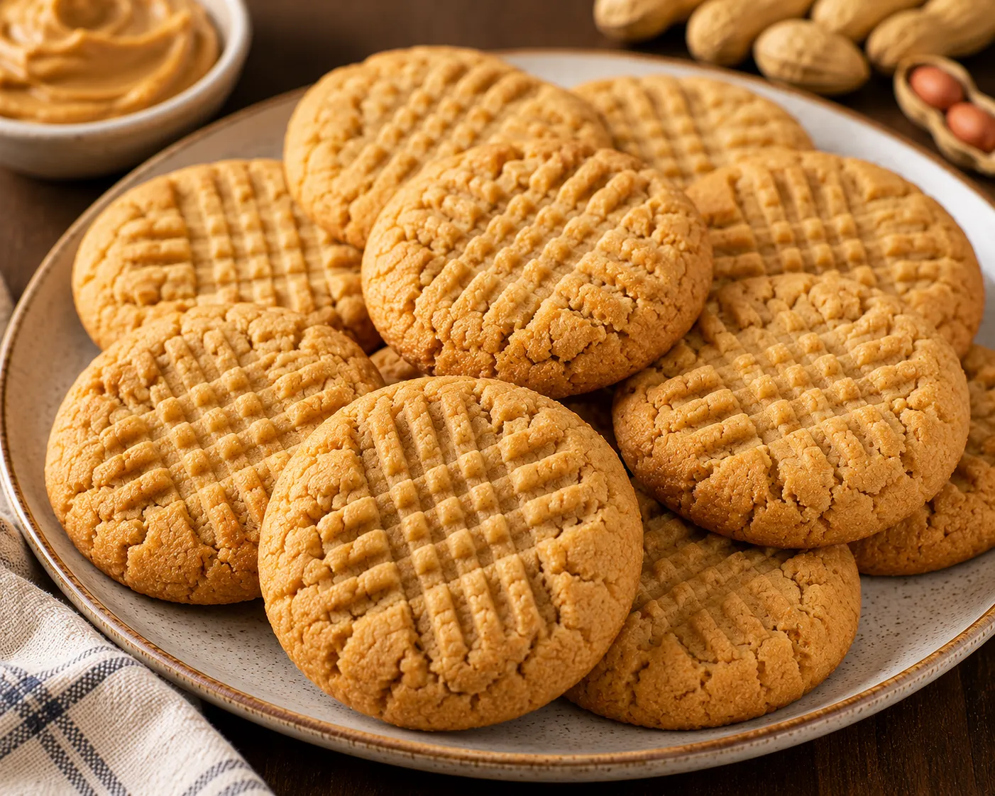 A plate of peanut butter cookies with criss-cross fork marks, beside a bowl of peanut butter