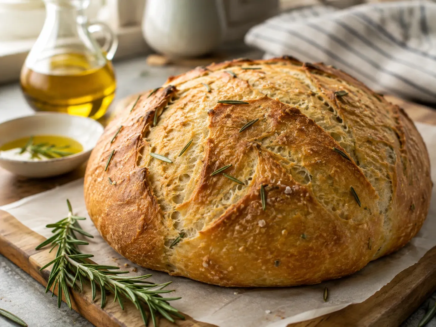 A round rosemary olive oil loaf with a slashed golden crust, beside a bowl of olive oil