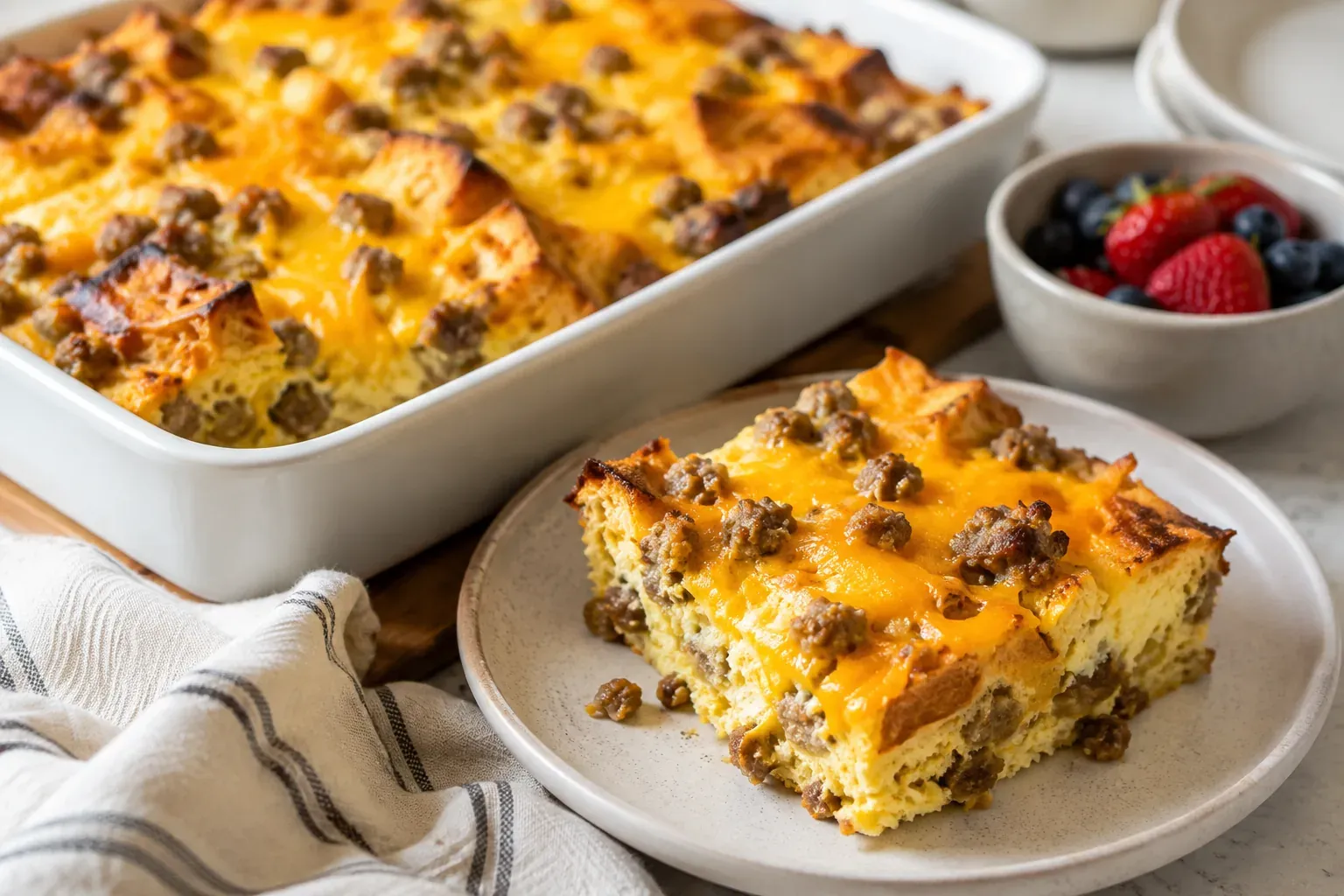 A sausage and egg breakfast casserole in a white dish with one portion served on a plate