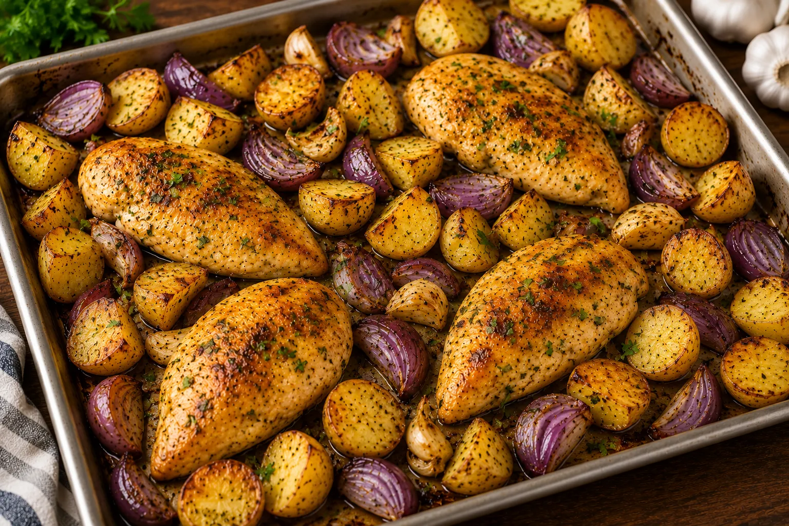 A sheet pan of golden roasted baby potatoes with garlic, herbs and red onion