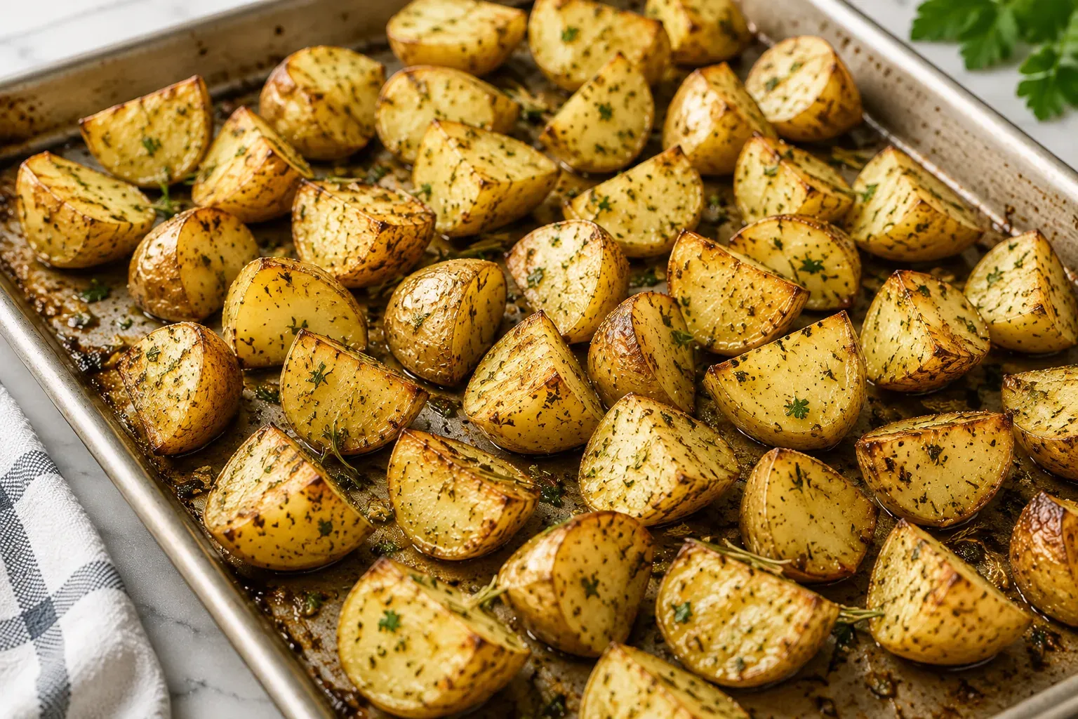 A sheet pan of golden roasted baby potatoes with garlic and herbs