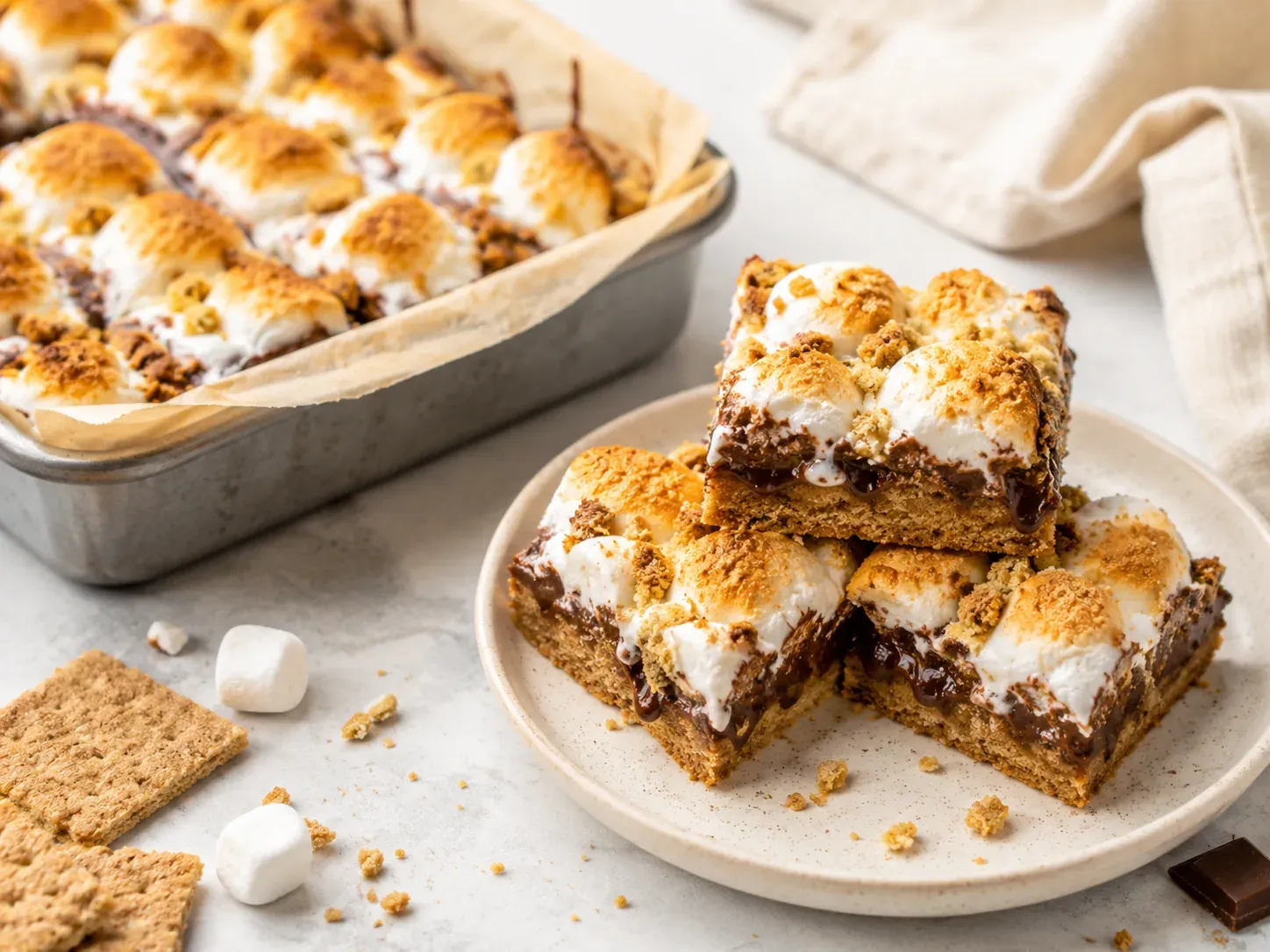 A pan of s'mores bars with toasted marshmallow topping, three cut bars stacked on a plate alongside