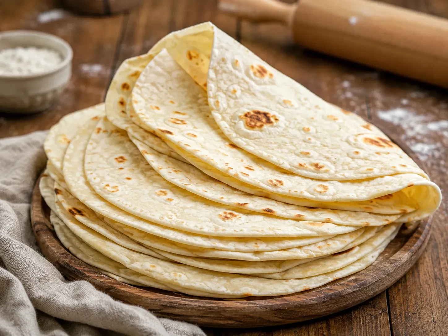 A stack of soft flour tortillas with browned spots on a wooden plate, with flour and a rolling pin behind