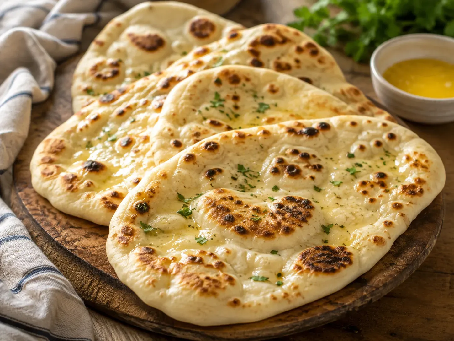 Buttered naan breads with charred bubbles on a wooden board, with coriander and melted butter