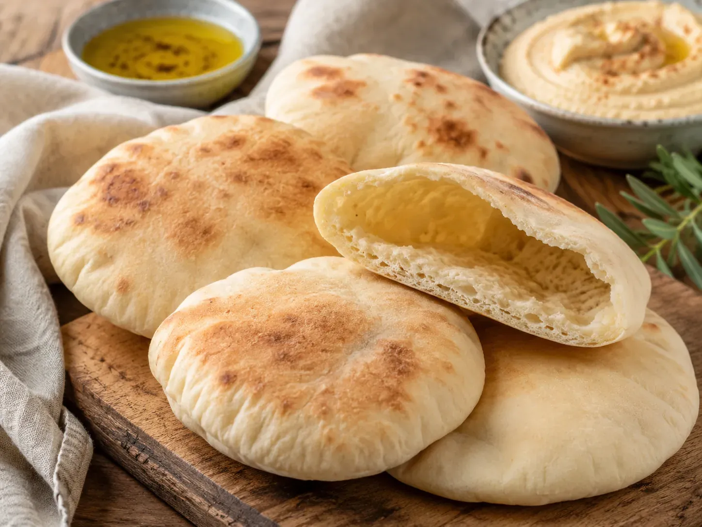 Puffed homemade pita breads on a wooden board with one torn open to show the pocket