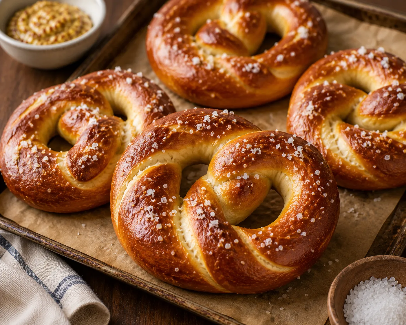 A tray of golden soft pretzels sprinkled with coarse salt, with mustard alongside