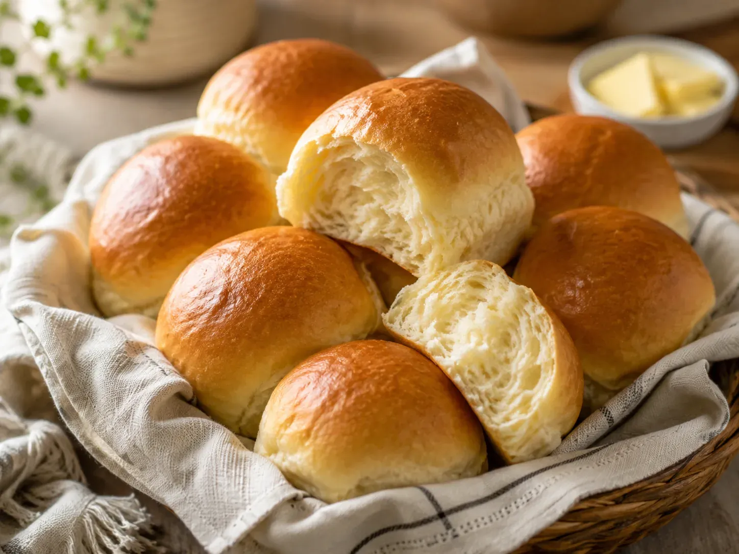 Golden pull-apart dinner rolls in a cloth-lined basket, one torn open to show a soft crumb