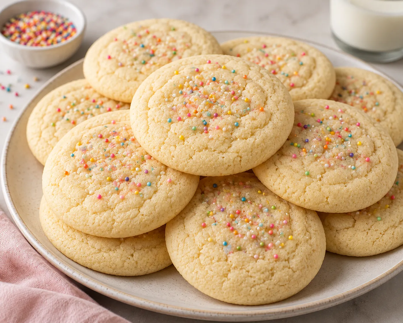 A plate of soft sugar cookies decorated with pastel sprinkles, beside a glass of milk