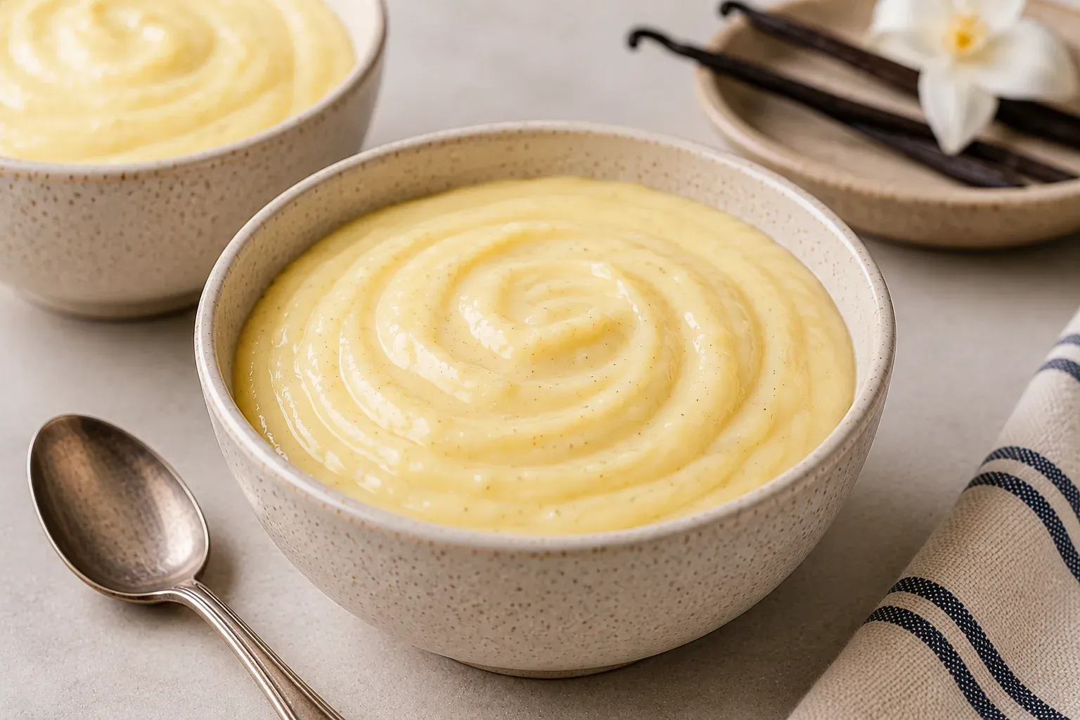 A bowl of thick vanilla pudding swirled with a spoon, with vanilla pods and a flower alongside