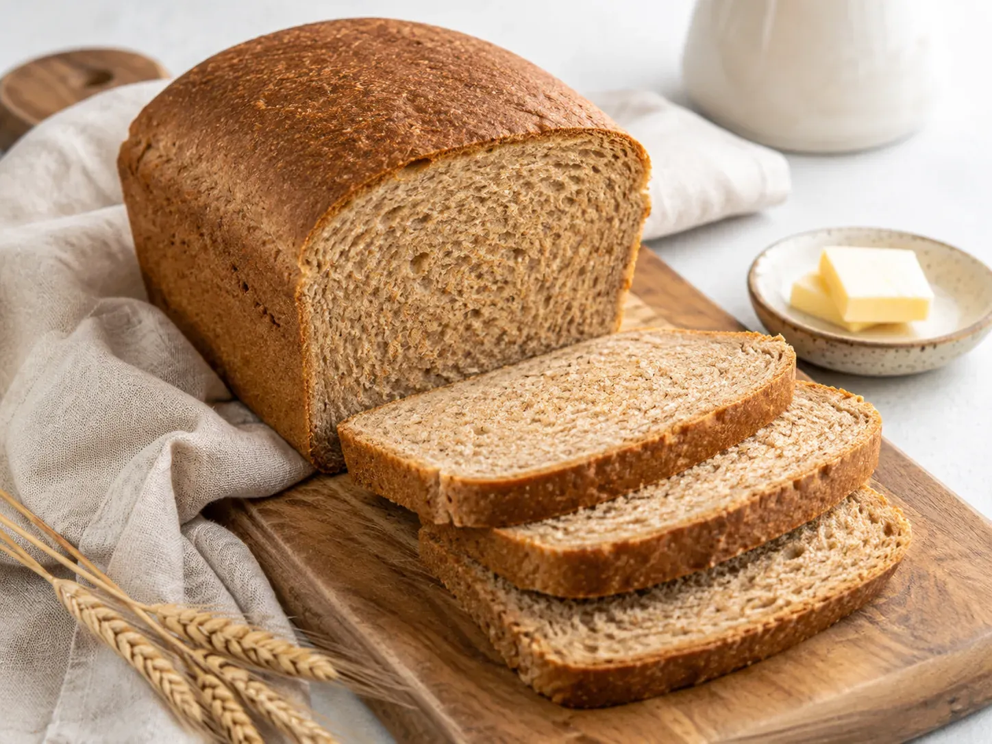 A sliced whole wheat sandwich loaf on a wooden board with butter and wheat stalks alongside
